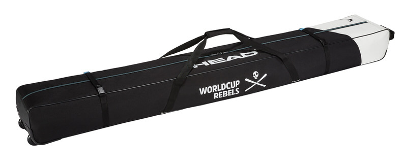 Schwarze Head Rebels Double Skibag 2025 mit Tragegriffen und Rollen. "Worldcup Rebels" Logo mit Totenkopf.