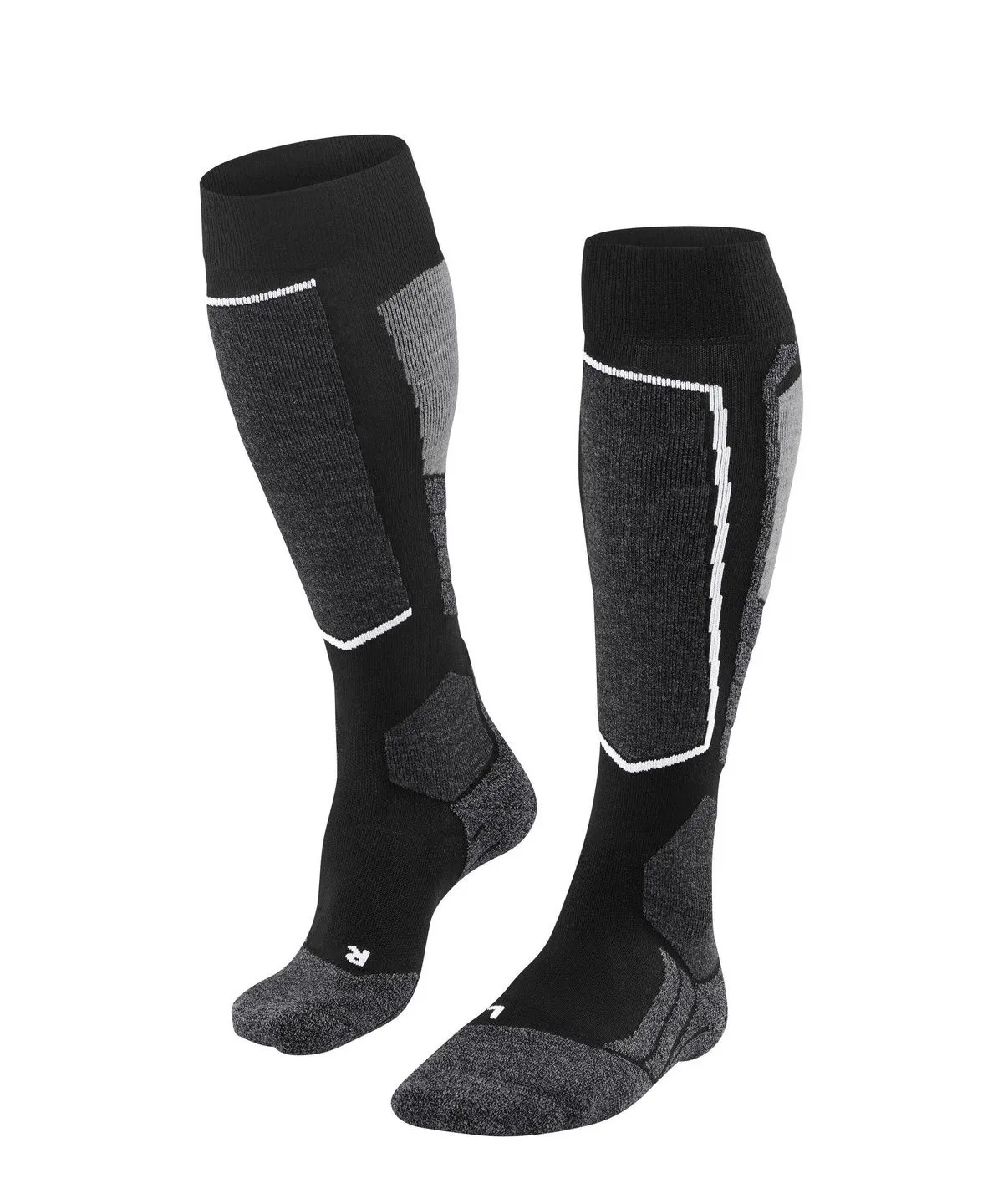 Schwarze Kniestrümpfe mit dunkel- und hellgrauen Verstärkungszonen, ideal für Sport oder Skifahren. Mit weißen Akzentlinien an den Waden, anatomisch geformt. 'R' rechts und 'L' links markieren die Seiten.