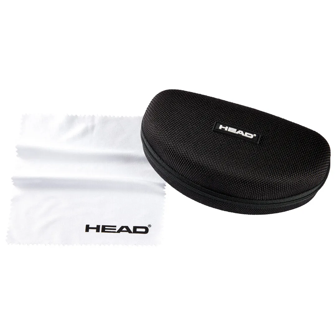 Sonnenbrillen-Etui mit Reißverschluss und Putztuch, beide mit dem Logo der Marke Head versehen.