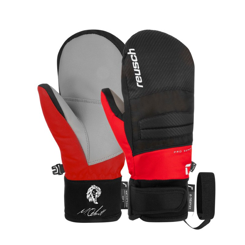 Zwei Reusch Warrior Junior Fäustlinge in rot, schwarz und grau.