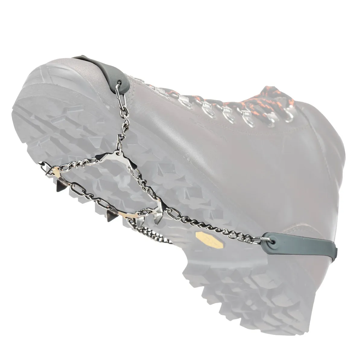 Schuh mit montierten Nortec Easy Schuhkrallen mit Stahlspitzen und Quick Fit Befestigungssystem.
