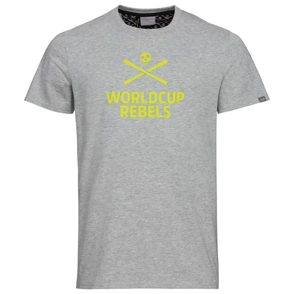 Graues Race T-Shirt für Herren mit gelbem "World Cup Rebels" Logo und Totenkopf-Motiv.
