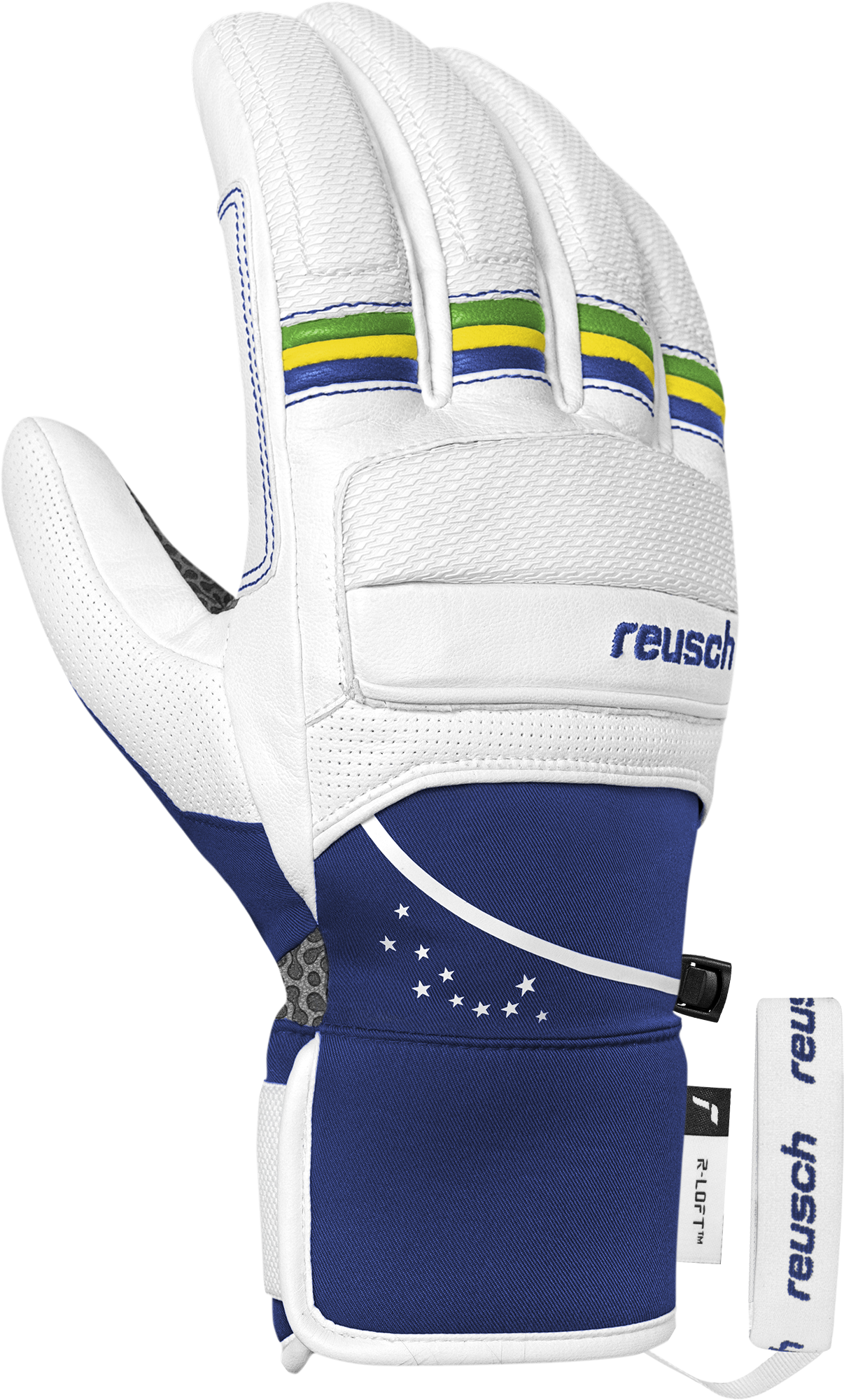 Weiße Reusch-Handschuhe mit blauen, gelben und grünen Streifen an den Fingern. Blauer Teil mit weißen Sternen und einem weißen Reusch-Logo.