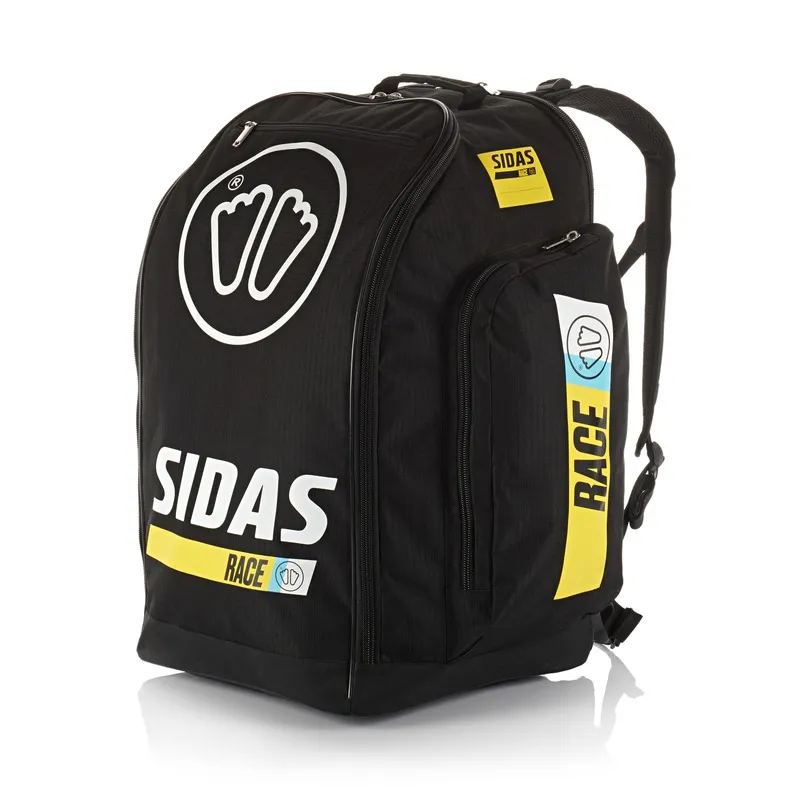 Schwarze Sidas Race Boot Bag 60L Tasche mit Trägern und gelben Akzenten, seitlich RACE Schriftzug und Logoaufdruck.