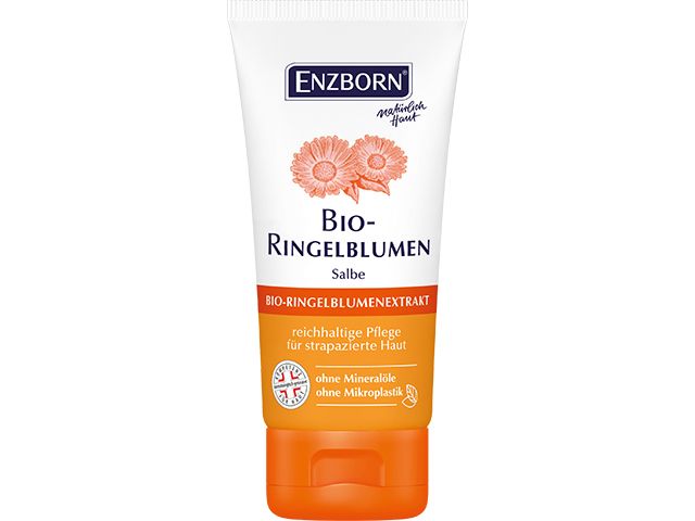 Tube Bio-Ringelblumensalbe von Enzborn mit Ringelblumen Illustration.