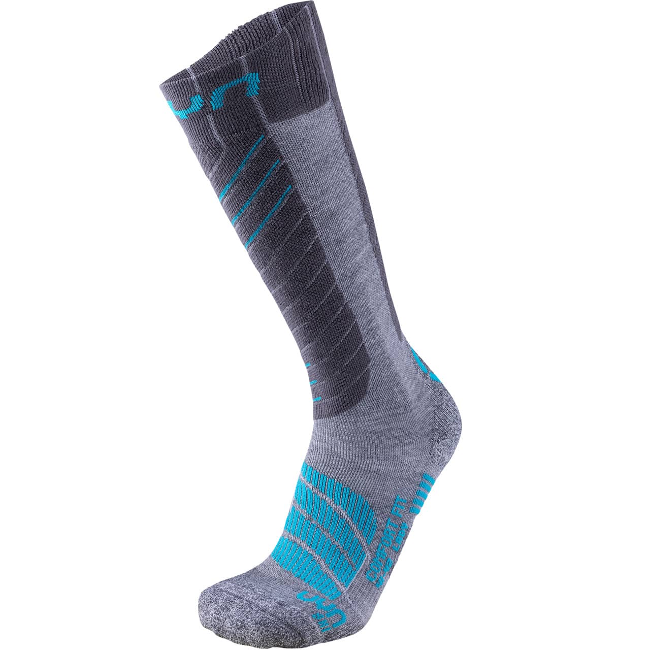 Graue UYN Lady Ski Comfort Fit Socke mit türkisfarbenen Akzenten. Die Socke ist hochgezogen und zeigt Details am Fuß, Knöchel und Schienbein.