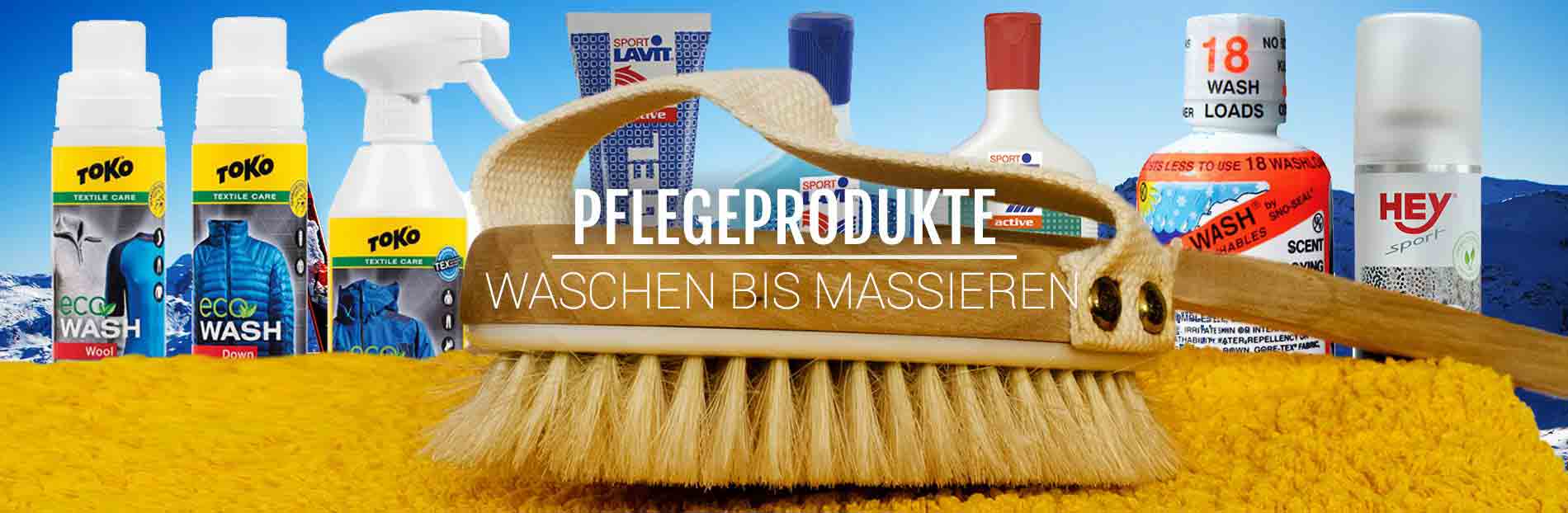 Produktübersicht: Textilpflegeprodukte, Waschmittel, Bürste, Spray und Reiniger vor blauem Himmel und gelbem Hintergrund.