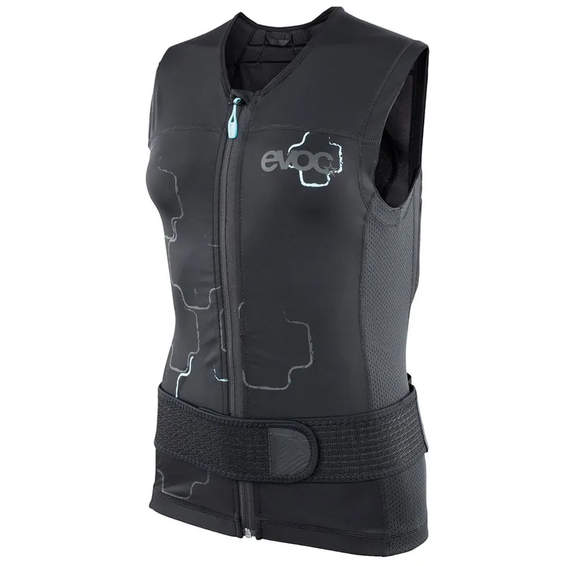 Schwarze Evoc Protector Lite Vest Women, Frontansicht mit Reißverschluss und flexibler Hüftgurt.