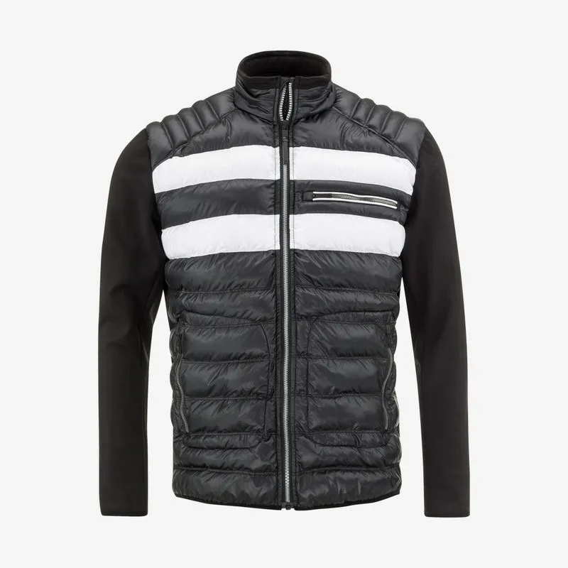 Schwarze Dolomiti Herren Jacke mit weißen horizontalen Streifen, Stehkragen und durchgehendem Reißverschluss.