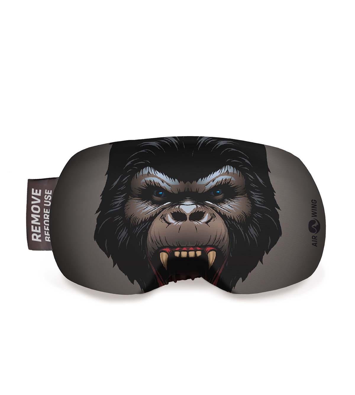 Airwing-Kong Skibrillenschutz mit Gorilla-Motiv. Die Schutzhülle hat ein graues Band und ein elastisches Band.