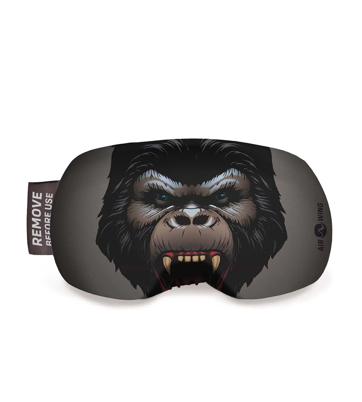 Airwing-Kong Skibrillenschutz mit Gorilla-Motiv. Die Schutzhülle hat ein graues Band und ein elastisches Band.