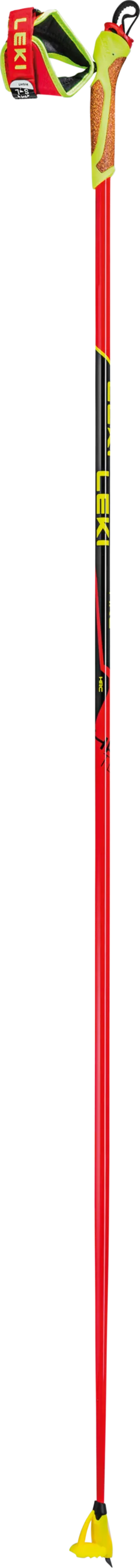 Roter Leki HRC Team Langlaufstock mit Korkgriff und gelbem Teller auf weißem Grund.