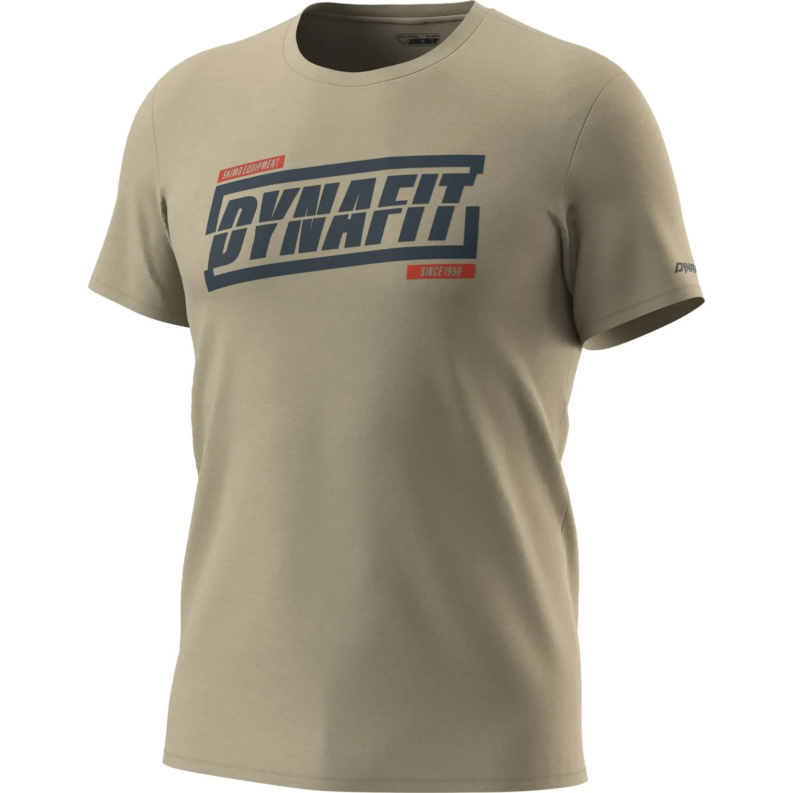 Khaki Dynafit T-Shirt mit blauem Logo "DYNAFIT" und rotem Schriftzug "SINCE 1950".