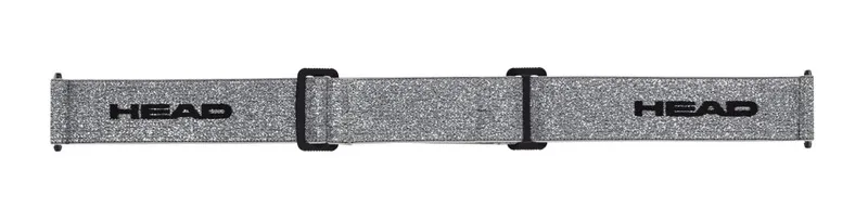 Skibrillenband in Silber mit Glitzer-Effekt und schwarzem "HEAD"-Logo und schwarzen Schnallen zur Größenverstellung.