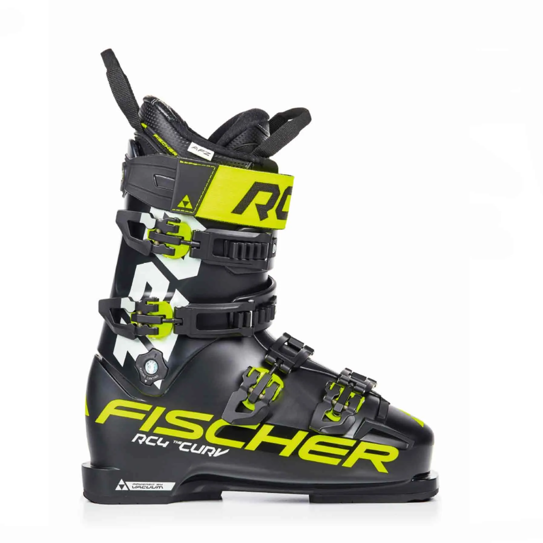 Schwarzer Fischer RC4 The Curv 120 Skischuh, Seitenansicht, gelbe Akzente, Schnallen und Logos.