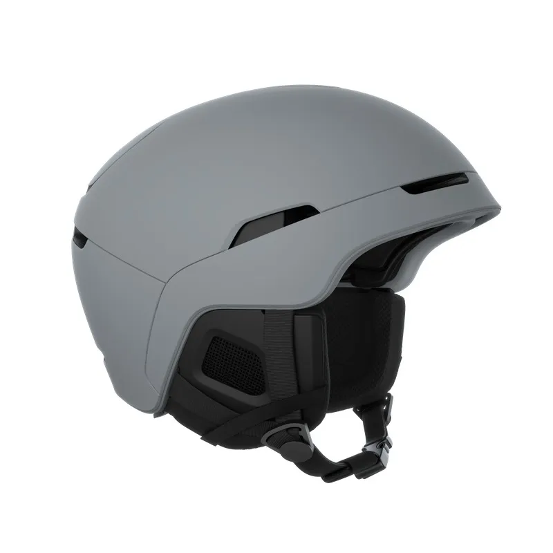 Draufsicht auf einen grauen Skihelm, POC Obex Mips Granite Grey Matt, mit schwarzen Details.