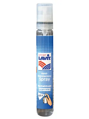 Schmale, durchsichtige Sprühflasche mit blau-weißem Etikett "Sport Lavit Hand Desinfektionsspray".