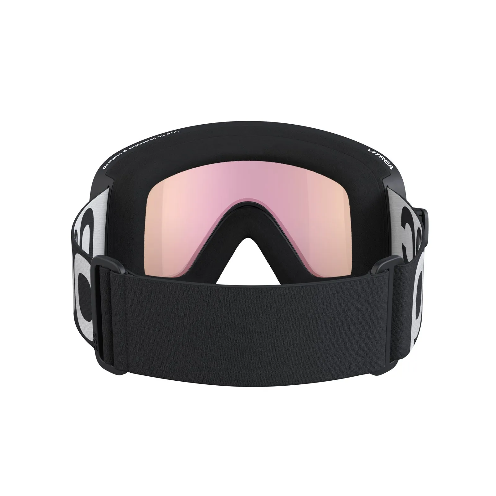 Frontale Ansicht der schwarzen POC Vitrea Skibrille mit orangefarbenen Gläsern und weißem Logo auf dem Band.