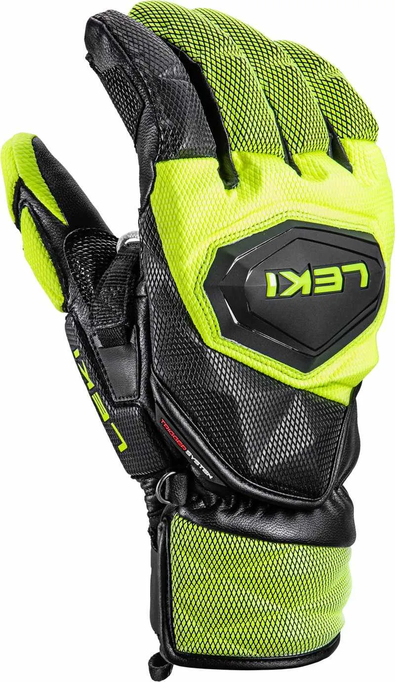 Nahaufnahme des Leki Venom SL 3D Rennhandschuhs in Schwarz und Ice-Lemon mit Logo und Netzstruktur.