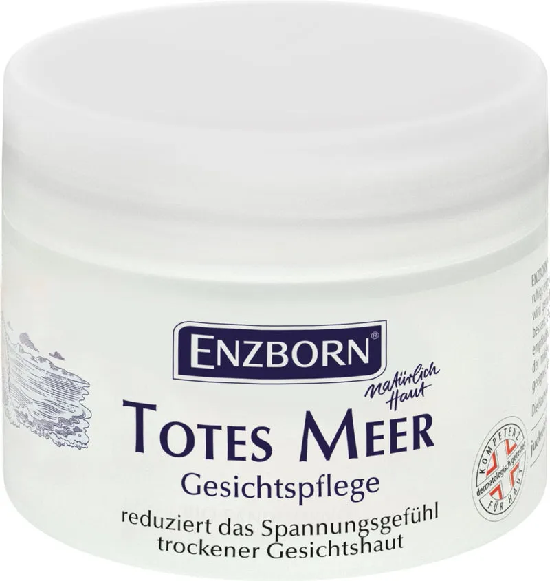 Weißer Tiegel "Totes Meer Gesichtspflege" von ENZBORN mit blauem Schriftzug und Illustration.