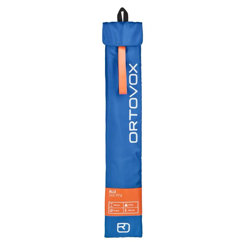 Verpackte Ortovox Carbon 280+ PFA Sonde in Blau mit orangefarbenem Riemen und Ortovox Logo.