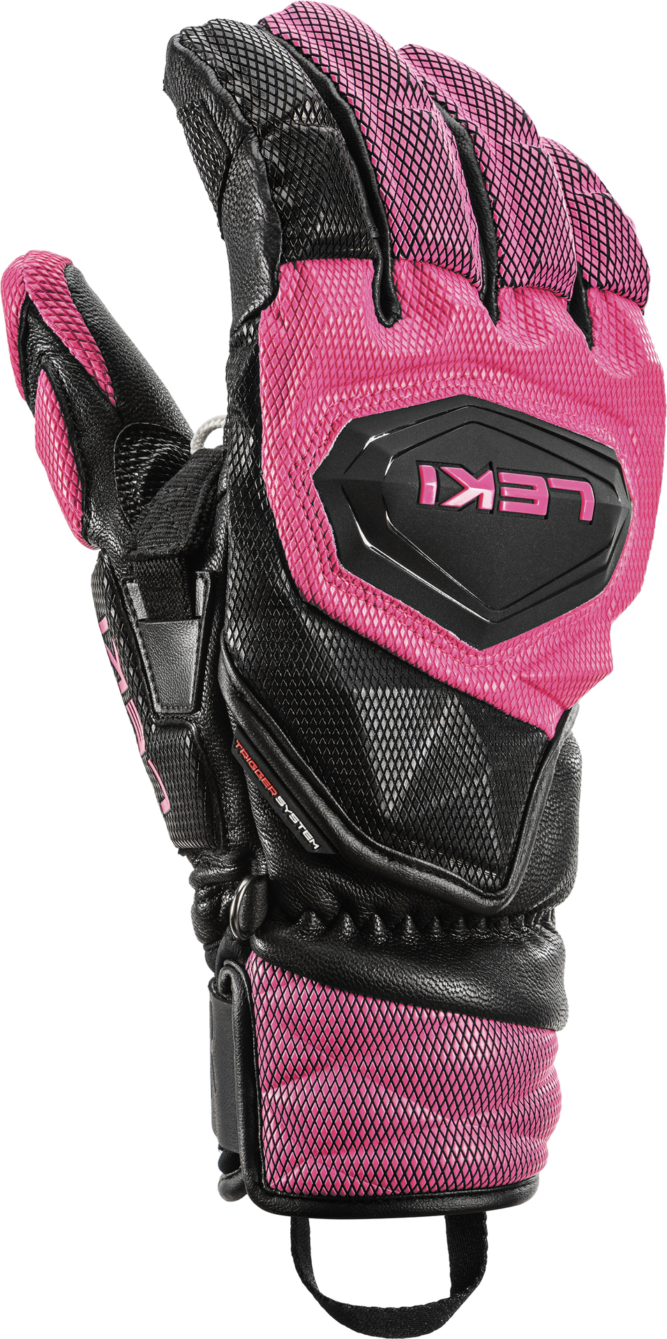 Nahaufnahme eines schwarzen/pinken Leki Venom SL 3D Rennhandschuhs.