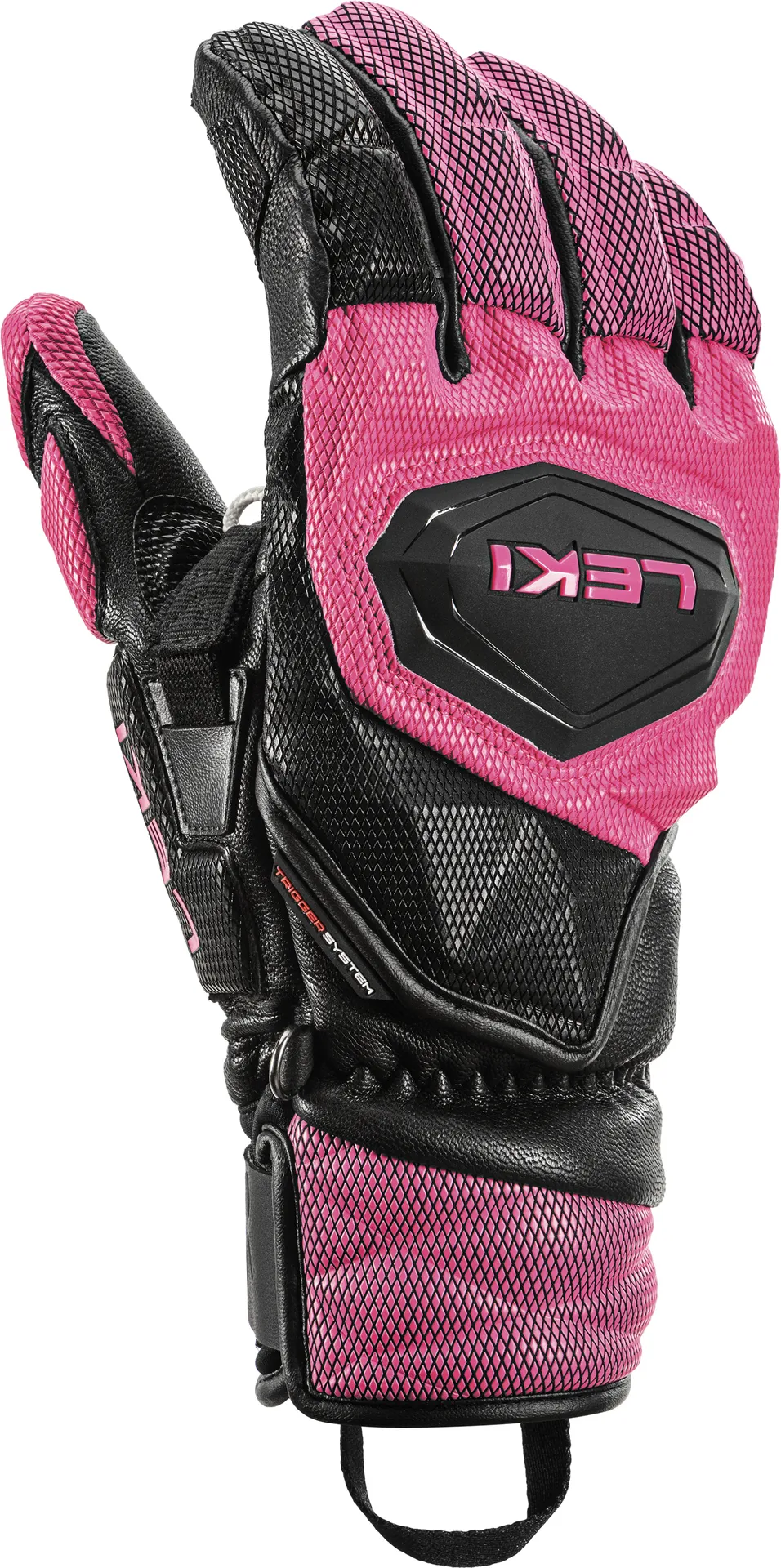 Nahaufnahme eines schwarzen/pinken Leki Venom SL 3D Rennhandschuhs.
