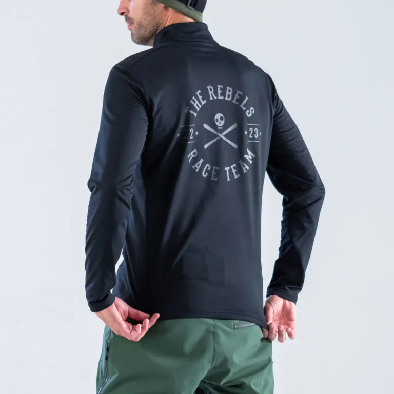 Schwarzer Head Rebels RT Midlayer für Herren, Rückenansicht mit großem "Rebels Race Team" Druck.