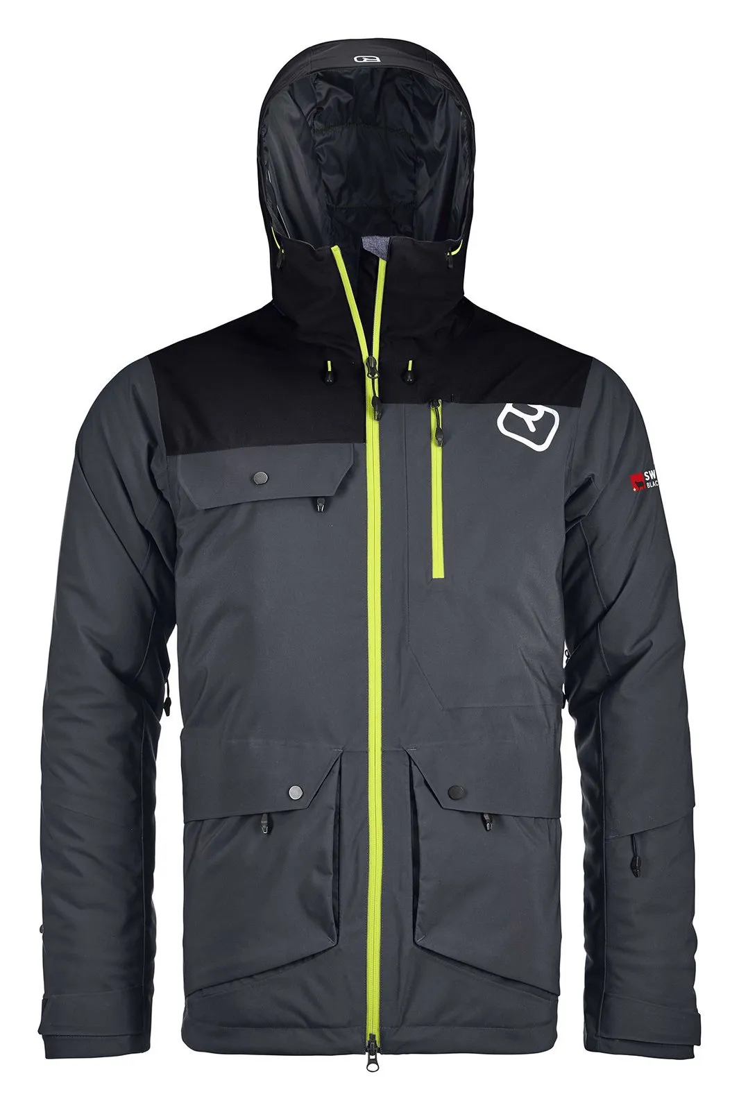 Graue Ortovox Andermatt Jacke mit Kapuze, Taschen und neon-gelbem Reißverschluss. Das Ortovox Logo ist weiß.