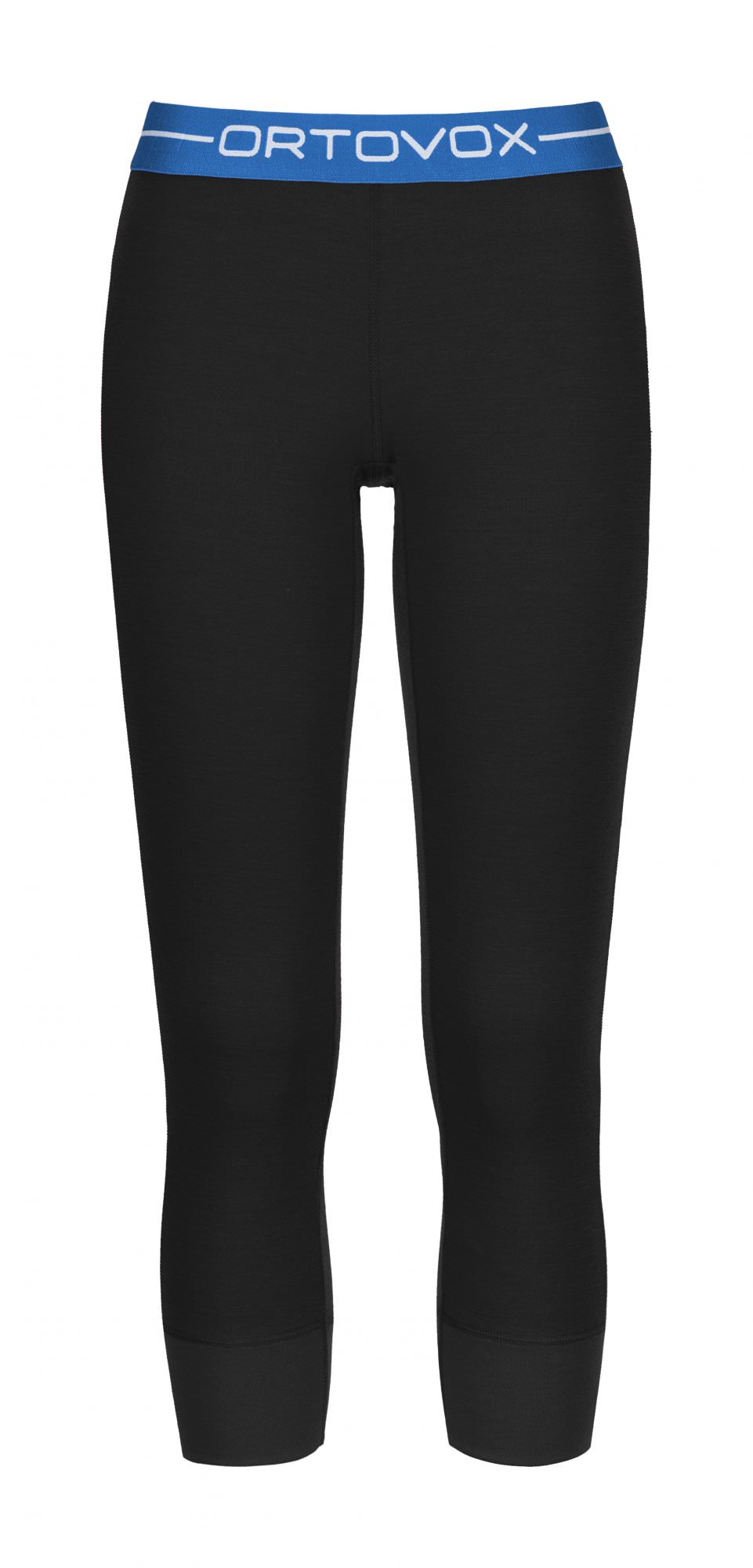 Damen Merino Short Pants Schwarze Ortovox Merino Supersoft Short Pants für Damen, Dreiviertellänge mit blauem Bund und Markenlogo.