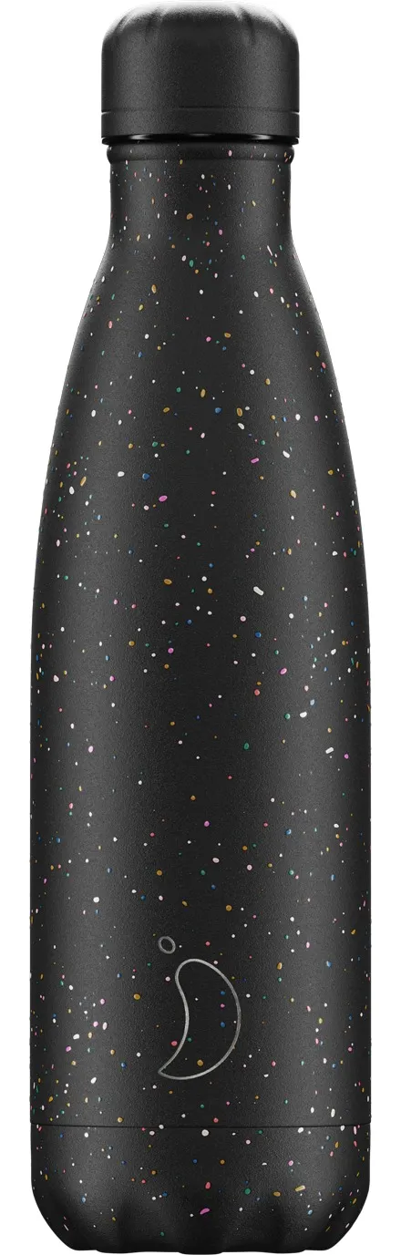 Schwarze Chillys Trinkflasche mit bunten Sprenkeln und Logo im unteren Bereich.