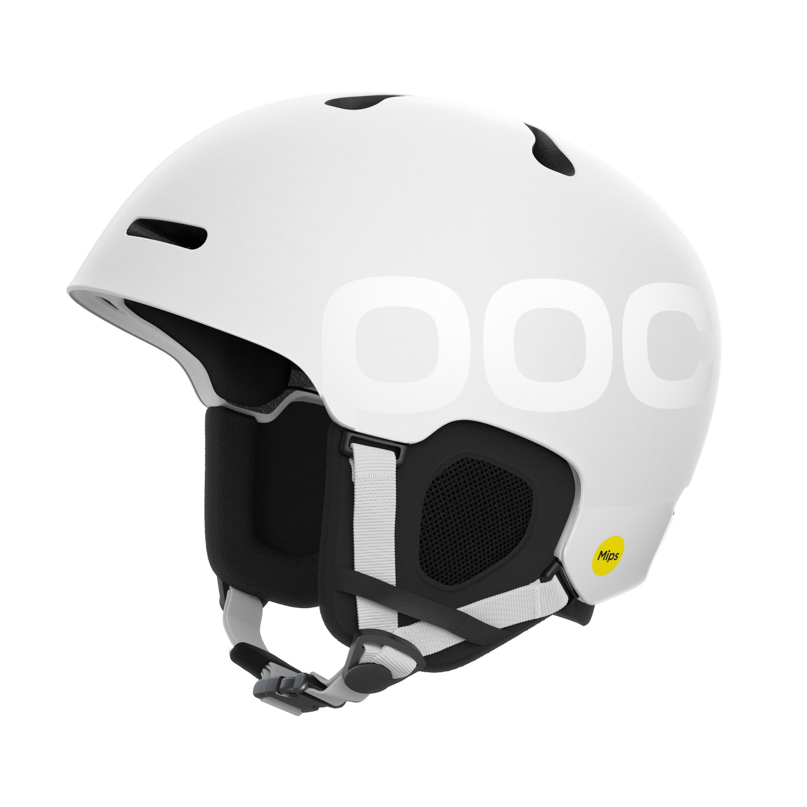 Weißer POC Fornix BC MIPS Skihelm mit Belüftungslöchern und MIPS-Logo, Seitenansicht.