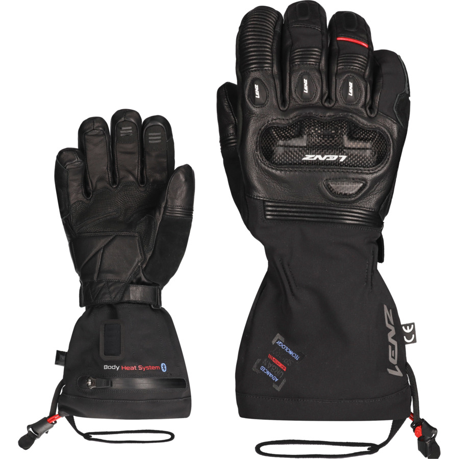 Zwei schwarze Lenz Heat Touring Gloves, Handflächen nach oben, Details wie Lederpatches sichtbar.