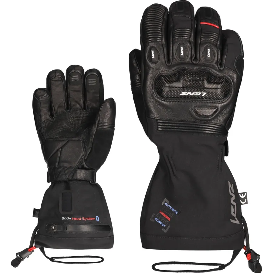 Zwei schwarze Lenz Heat Touring Gloves, Handflächen nach oben, Details wie Lederpatches sichtbar.