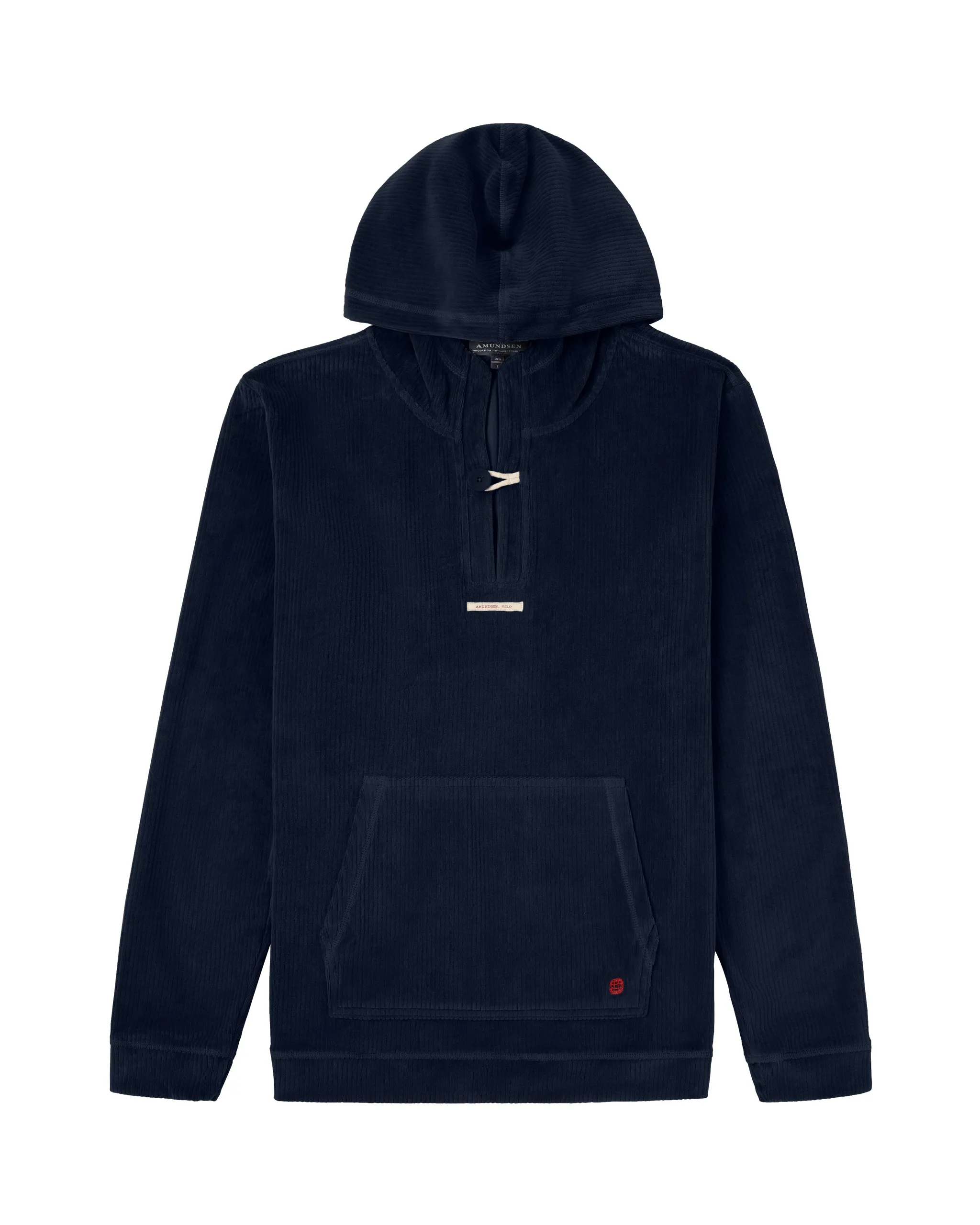 Dunkelblauer Cord-Hoodie mit halbem Reißverschluss, Kängurutasche und Logo-Detail.