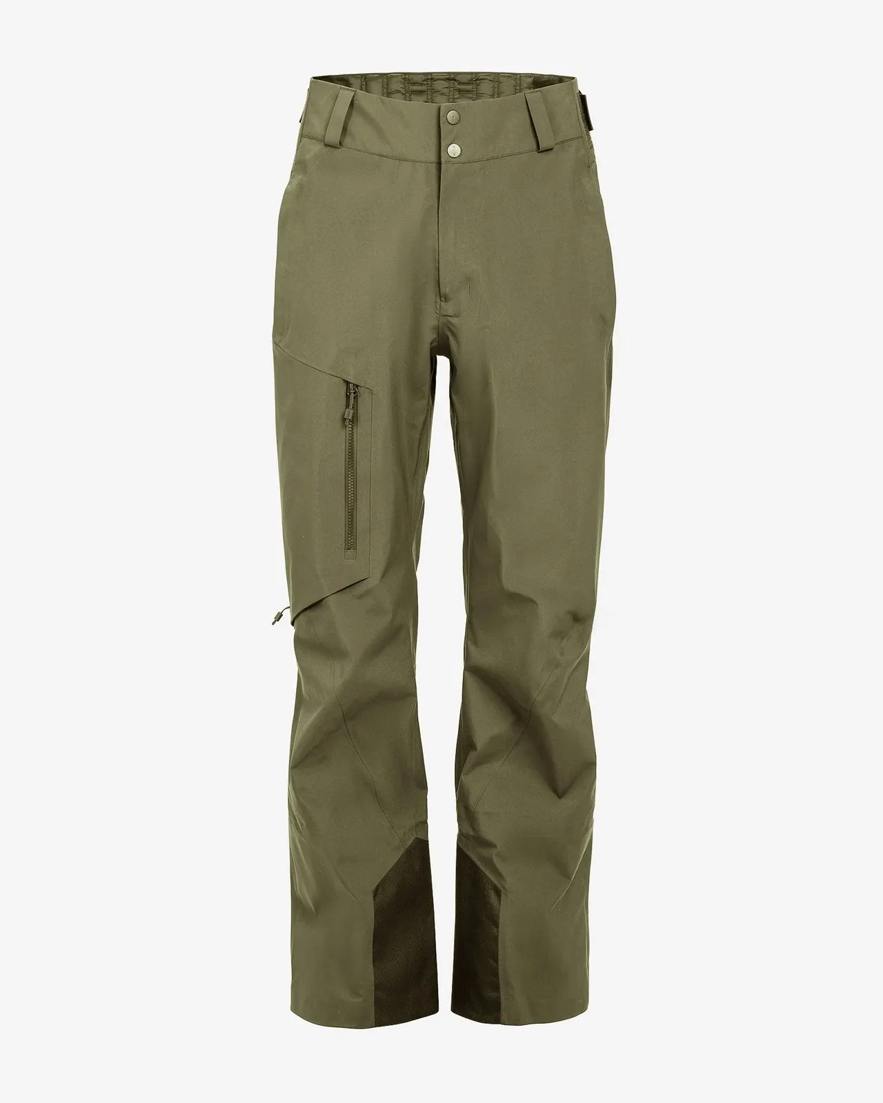 Eine olivgrüne Hose mit geraden Beinen und einem Reißverschluss an der Tasche. Die Hose hat am Beinabschluss einen dunkleren Stoff.