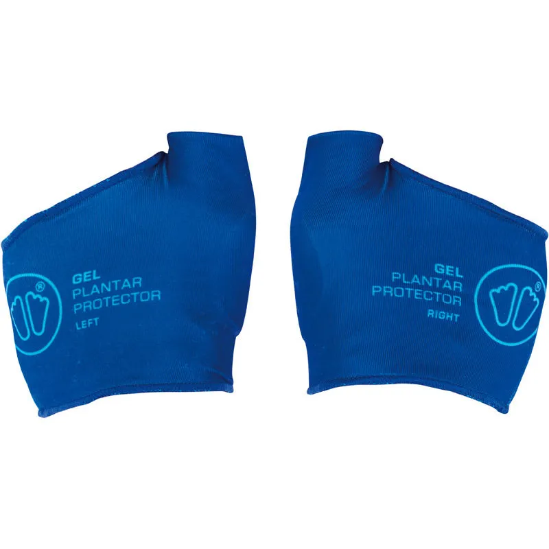 Zwei blaue Sidas Gel Plantar Protectors, linker und rechter Fuß. Mit Zehenschutz, Logos und Beschriftungen.