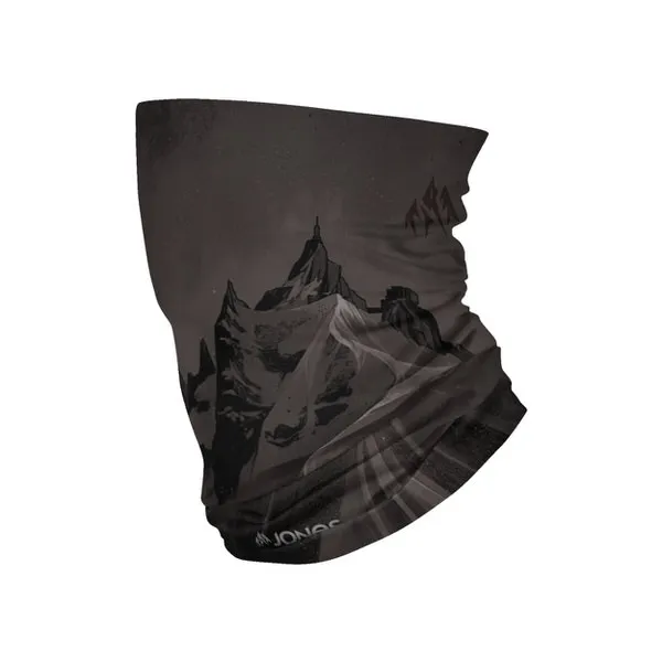 Schwarz-weißer Neck Warmer mit Bergmotiv. Das Muster zeigt eine Gebirgslandschaft.