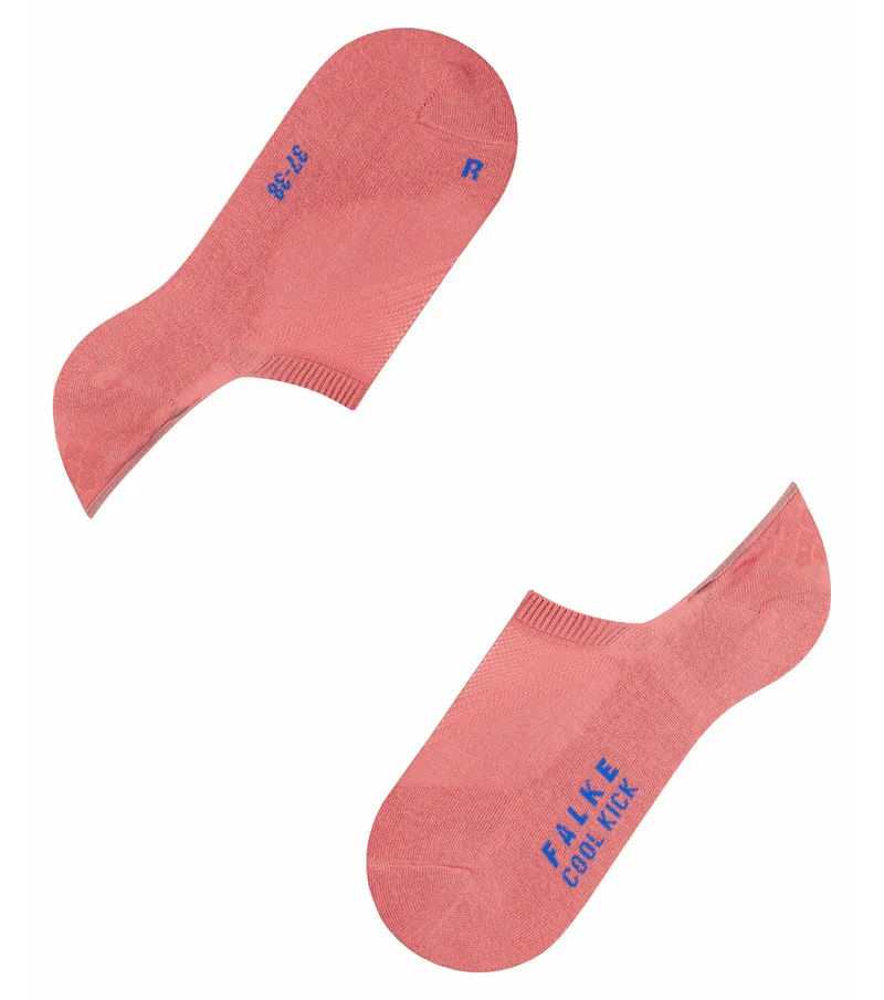 Zwei Powder Pink Damen Füßlinge, Cool Kick Modell, mit blauer Beschriftung, linker und rechter Schuh.