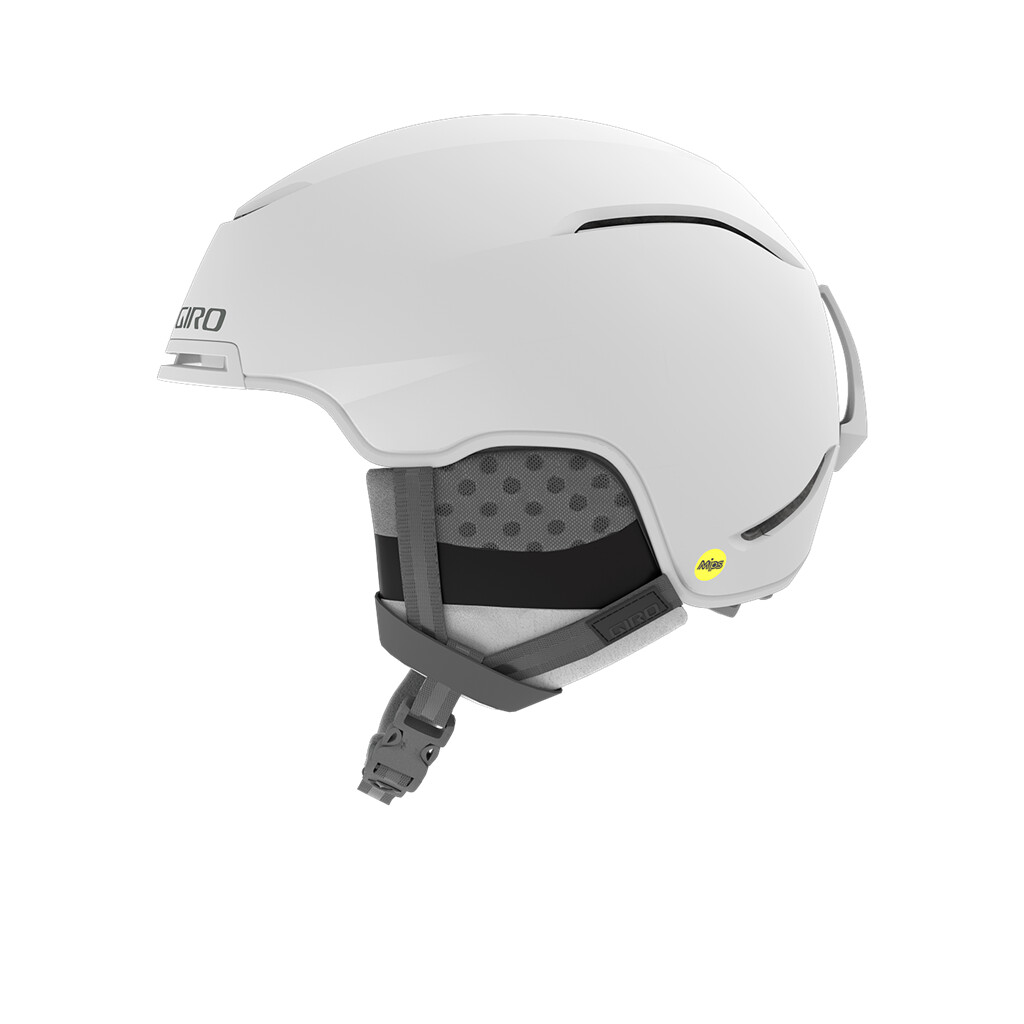 Weißer Giro Terra MIPS Skihelm für Damen, Seitenansicht, mit MIPS-Logo und grauem Verschluss.