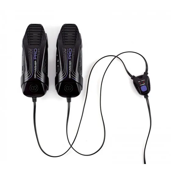 Zwei schwarze Sidas Drywarmer Pro USB Schuhtrockner, verbunden mit Kabeln und einem Steuerungselement.