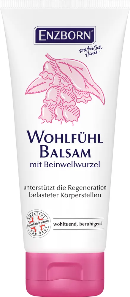 Weiße Tube Wohlfühl-Balsam mit rosa Deckel und Beinwellwurzel-Illustration.