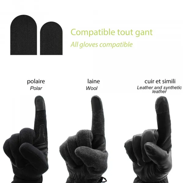Handschuhe mit Touchscreen Sticker an den Fingerspitzen für Displaybedienung, verschiedene Materialarten dargestellt.