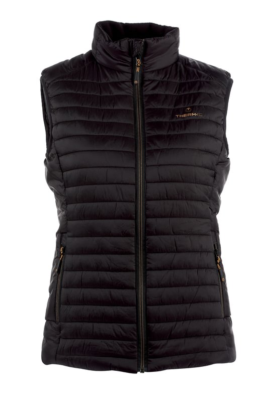Schwarze Heizweste für Damen Schwarze Therm-ic Heated Vest für Damen, Frontansicht mit Reißverschluss und Stehkragen.