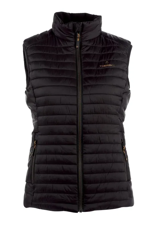 Schwarze Therm-ic Heated Vest für Damen, Frontansicht mit Reißverschluss und Stehkragen.