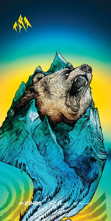Grafik für Grizzly Peak Neck Warmer: Bär, der aus einem türkisfarbenen Berg brüllt.