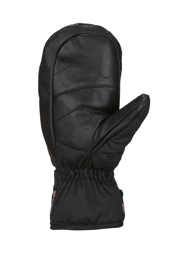 Schwarzer, beheizbarer Snowlife Lady Super Soft Fäustling aus Leder mit Stretch-Bündchen.