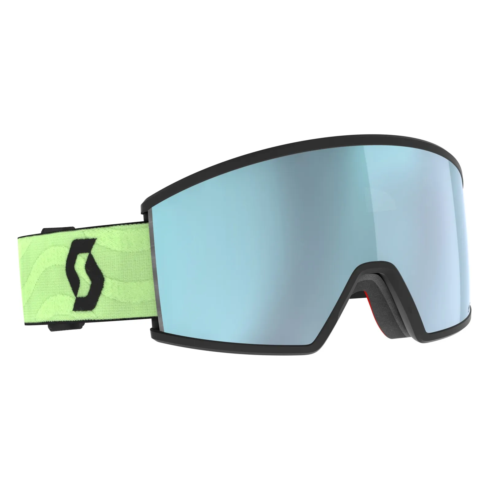 Ski Goggle Ambit, Frontansicht. Schwarzer Rahmen, hellblaue Scheibe, hellgrünes Band mit Logo.