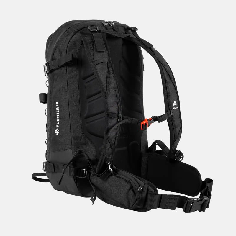 Schwarzer Jones Further 25L Rucksack von hinten, mit thermo-geformten Rückenpolstern und Schultergurten.