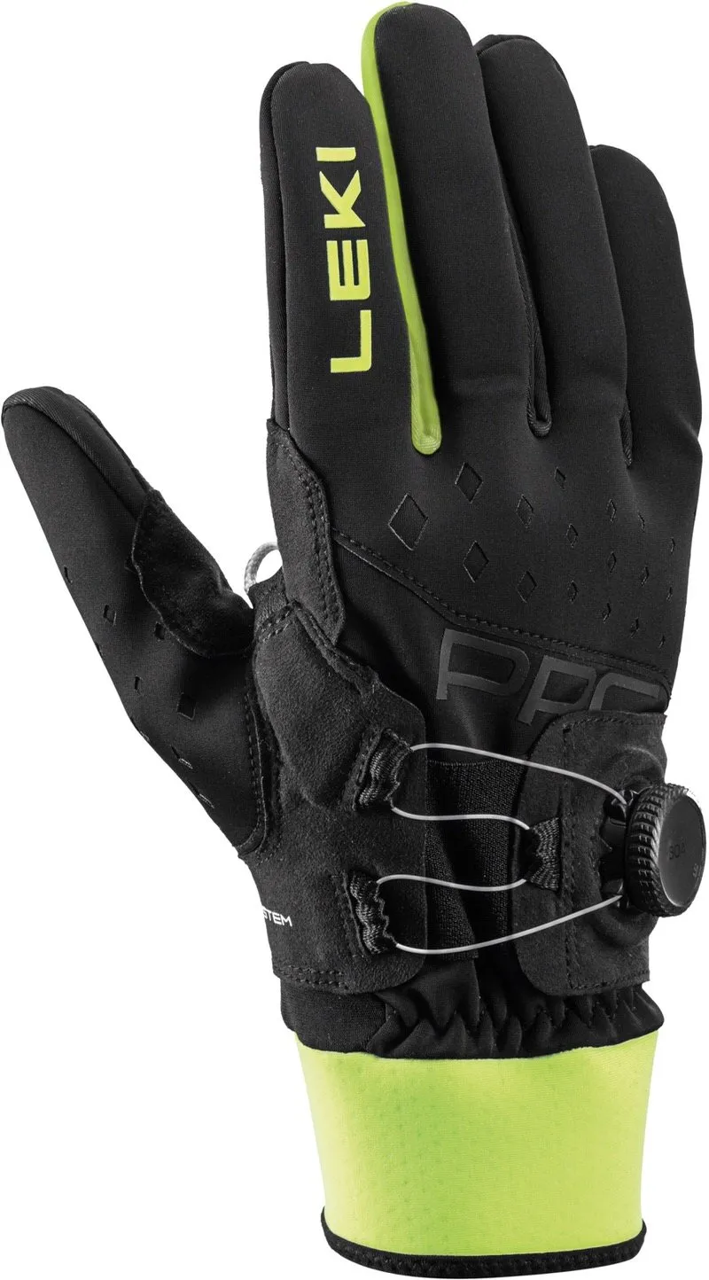 Schwarzer Leki PRC Boa Shark Handschuh mit Neon Gelb Details. Boa-System am Handgelenk.